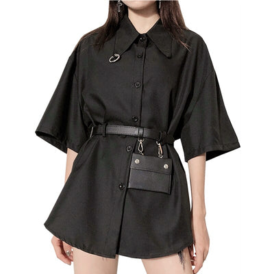 Long Shirts Women 2020 Summer Shirtdress Harajuku Loose Blouse Black Cargo Shirt With Belt Bag 3 Piece Sets Overshirt Korean Top