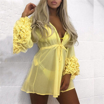 Women loose Shirt Blouse Solid Beachwear Dress tops 3D Flowers Lace-up Bandage Bathing Beach Blusas Female Perspective Clothing