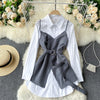 HOT Women Chic Twinset Top Popular Shirt Dress Matching Spaghetti Strap Belted Waist Vest 2 Pieces Twinset Blouse TN268