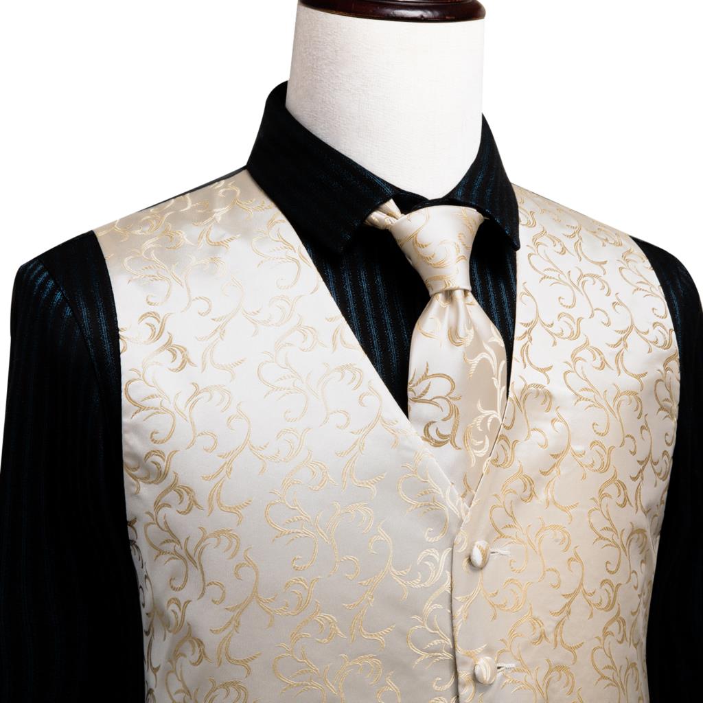 Hi-Tie 100% Silk Ivory Beige Champagne Gold Mens Vests Tie Hankerchief Cufflinks Set Jacquard Vine Waistcoat for Men Suit Dress