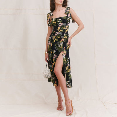 Dresses For Women 2021 Party Elegant Vintage High Slit Sexy Midi Dress Square Neck Sleeveless Tie Strap Summer Dress Clothes