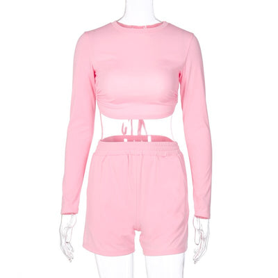 Pink Active Wear Two Piece Set Women Sexy Backless Long Sleeve Crop Top Shorts Tracksuit Womens Summer Loungewear Set