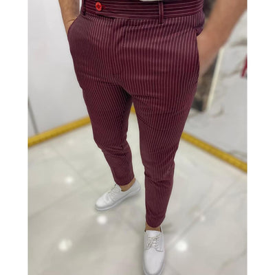 New Striped Trousers For Men Fashion Men's Clothes Wine Red Stright Casual Pants Classic Retro Wedding Party Formal Suit Bottoms