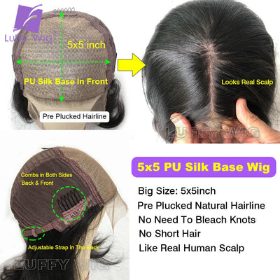 5x5 Pu Silk Base Scalp Top Lace Front Human Hair Wigs Straight Remy Brazilian Lace Closure Wig Pre Plucked with Baby Hair Luffy