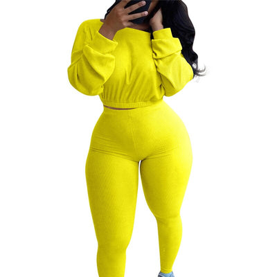 Autumn Women Ribbed Fitness Tracksuit 2 pieces Set Slim Crop top + Sporting Leggings Active Wear outfits Skinny Stretch Outwear