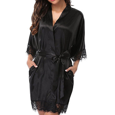 Silk Lace Dress Women's Sleepwear Mini Robe Half Sleeve Lace Bathrobe Sexy Lingerie Night Gown Thongs Nightdress