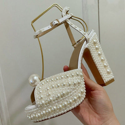 Big Pearl Gladiator Sandals Woman Open Toe Rhinestone Diamond High Heels Pumps Woman Pure Wedding Shoes
