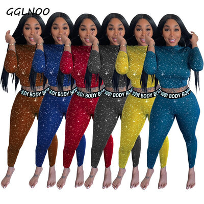 GGLNOO Sports Star Body Letter Long Sleeve Tops Pencil Pants Suit Active Wear Tracksuit Two Piece Set Fitness Outfits GG22825