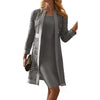 Elegant Women Dress Set Outfits Solid Color Lace Long Sleeve Cardigan Coat Dress Set Fashion Office Lady Dress Sets Party