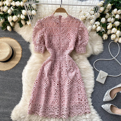 Young Gee Luxury Designer White Dresses Women High Waist Elegant Short Sleeve Mini Female Vintage O-neck Dress Vestidos Mujer