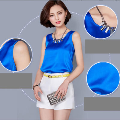 Chiffon silk blouse slim sleeveless O-neck blusa feminina tops shirts solid vest