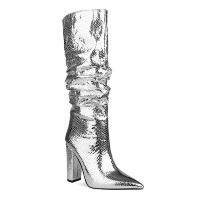 European and American style thick heel fold high boots side zipper women's boots silver boots large size women's shoes winter