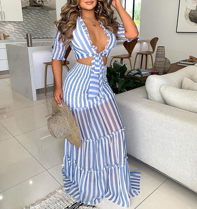 Women Half Sleeve Ruffles Tie Up Crop Top and Maxi Skirt Set Two Piece Elegant Dress Suits