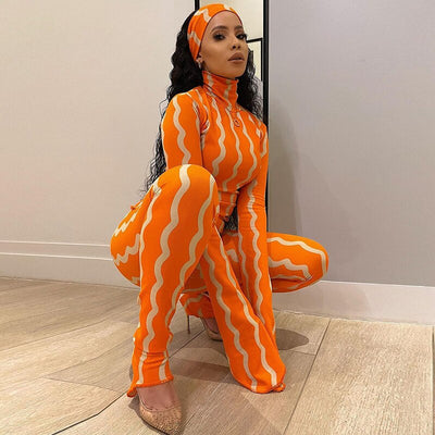 Autumn Stand Collar Stripes Print Women Long Sleeve Pencil Jumpsuit Suit Active Wear Tracksuit Two Piece Set Fitness Outfits