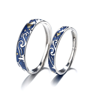 925 Sterling Silver Van Gogh Starry Sky Open Couple Ring For Women Men Romance Student Birthday Gift Premium Enamel Jewelry