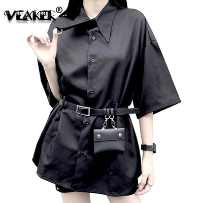 Long Shirts Women 2020 Summer Shirtdress Harajuku Loose Blouse Black Cargo Shirt With Belt Bag 3 Piece Sets Overshirt Korean Top