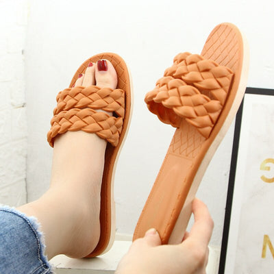 Women's Fashion Sandals Summer Flat Outside Slippers Casual Solid Color Weave Flip Flops Female Indoor Shoes