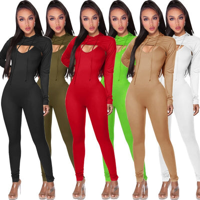 Active Wear Sporty Two Piece Sets Casual Hooded Long Sleeve Extra-short Pullover and Bodycon Sling One Piece Jumpsuits Sweatsuit