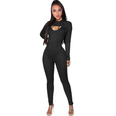 Active Wear Sporty Two Piece Sets Casual Hooded Long Sleeve Extra-short Pullover and Bodycon Sling One Piece Jumpsuits Sweatsuit