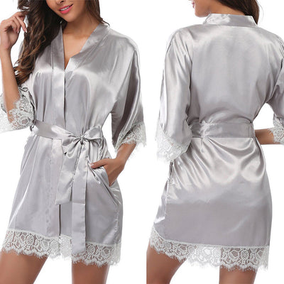 Silk Lace Dress Women's Sleepwear Mini Robe Half Sleeve Lace Bathrobe Sexy Lingerie Night Gown Thongs Nightdress