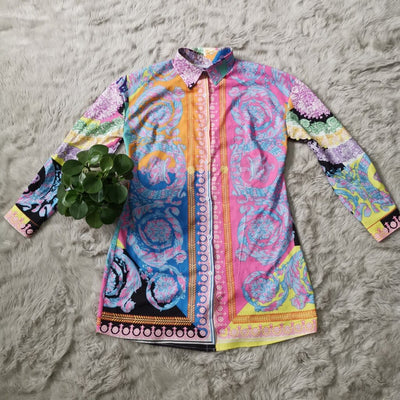 Women Shirts New Paisley Vintage Print Turn Down Neck Long Sleeve Maxi Blouses And Shirts Fashion Above Knee Dress Outfit