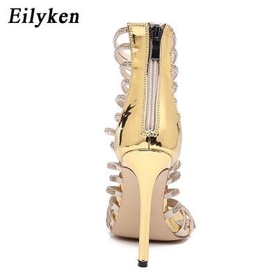 Eilyken Gold Bling Crystal Sexy Sandals High Heels Strappy Gladiator Women Sandal Stiletto Wedding Sandalias De Mujer