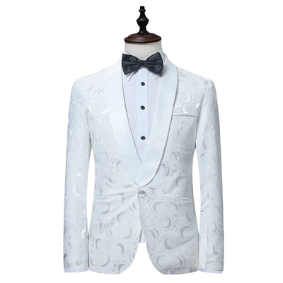 Mens White Floral One Button Suits Party Wedding Groom Tuxedos Groomsmen 2 Piece Suit (Jacket+Pants) Male Costume Mariage Homme