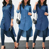 Summer Women's Fashion Cool Blue Jeans Denim Plain Brief Button Turn-down Collar  Long Sleeve Casual Loose Shirt Blouse Dress