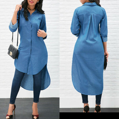 Summer Women's Fashion Cool Blue Jeans Denim Plain Brief Button Turn-down Collar  Long Sleeve Casual Loose Shirt Blouse Dress