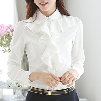 Peter Pan Collar Chiffon Blouse Office Lady Dress Shirt With Ruffles Long Sleeve Black / White