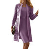 Elegant Women Dress Set Outfits Solid Color Lace Long Sleeve Cardigan Coat Dress Set Fashion Office Lady Dress Sets Party
