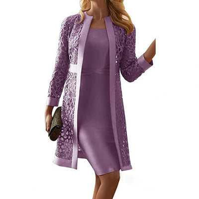 Elegant Women Dress Set Outfits Solid Color Lace Long Sleeve Cardigan Coat Dress Set Fashion Office Lady Dress Sets Party