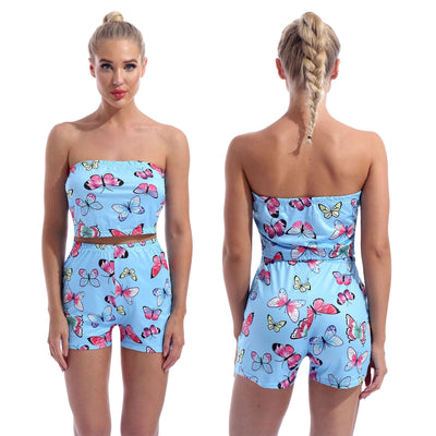 Women Summer Butterfly Print Outfit Sweet Suit Active Wear Two Piece Set Tracksuit Strapless Tube Crop Top High Waist Shorts Set