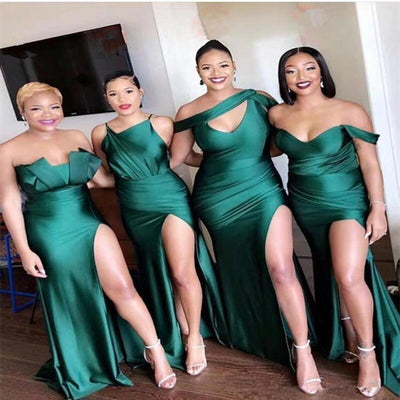 2023 African Bridesmaid Dresses Sleeveless Floor Length Sweep Train Side Slit Silk Satin Pleated Wedding Party Bridemaid Gown
