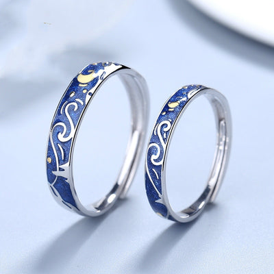 925 Sterling Silver Van Gogh Starry Sky Open Couple Ring For Women Men Romance Student Birthday Gift Premium Enamel Jewelry