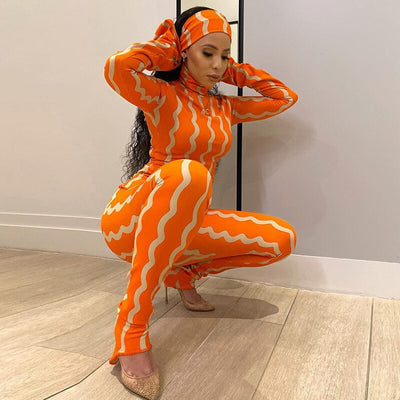 Autumn Stand Collar Stripes Print Women Long Sleeve Pencil Jumpsuit Suit Active Wear Tracksuit Two Piece Set Fitness Outfits