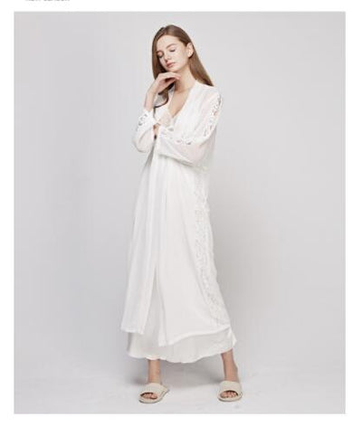 Sexy Sling Dress Sleeping Robe Two-Piece Faux Silk Sleepwear Women Elegant Lady Lace Long-Sleeve Nightgowns Bathrobes T0008