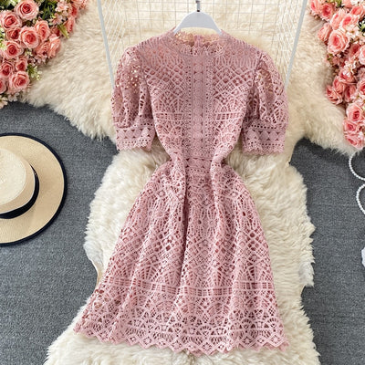 Young Gee Luxury Designer White Dresses Women High Waist Elegant Short Sleeve Mini Female Vintage O-neck Dress Vestidos Mujer
