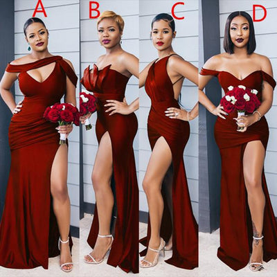 2023 African Bridesmaid Dresses Sleeveless Floor Length Sweep Train Side Slit Silk Satin Pleated Wedding Party Bridemaid Gown