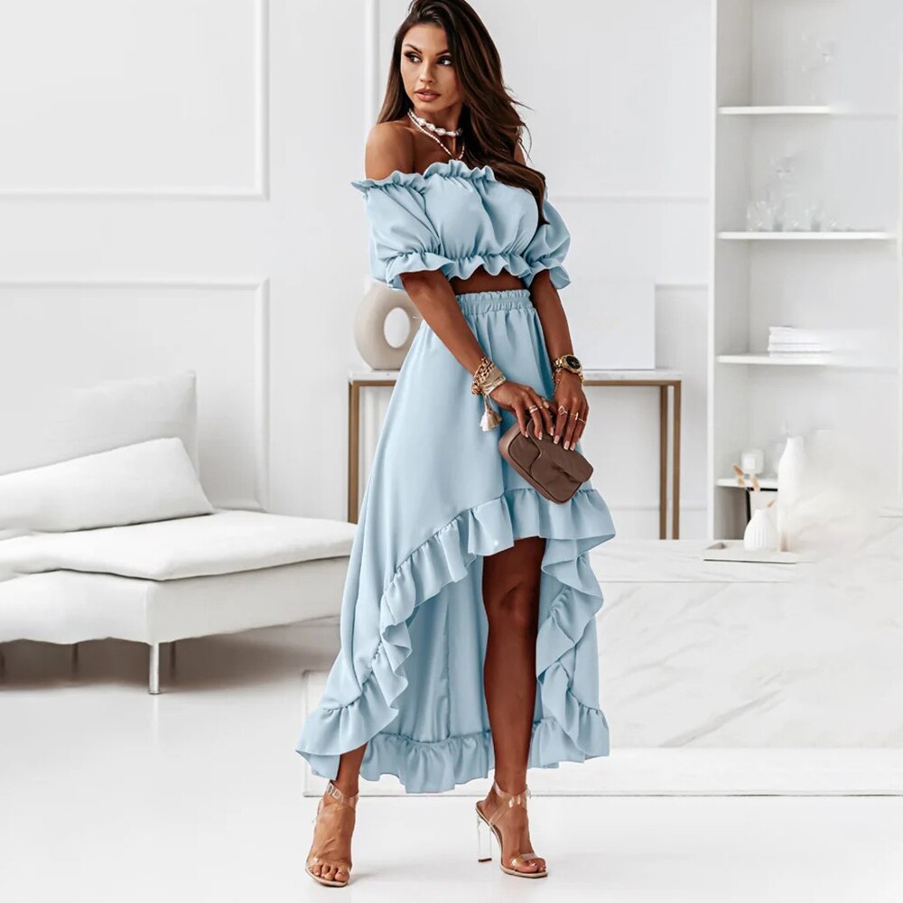 Summer Elegant Ruffle Backless Two Piece Set Women Outftis 2022 Sexy Slash Neck Puff Sleeve Strapless Casual Ladies Dresses Robe