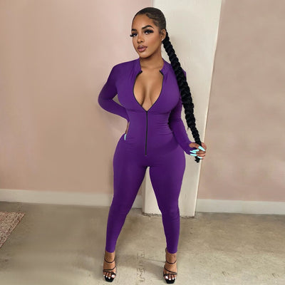New Workout Active Wear Solid Color Rompers Womens Jumpsuit Sporty Long Sleeve Fitness Clubwear Zipper Party Jumpsuits Bodycon