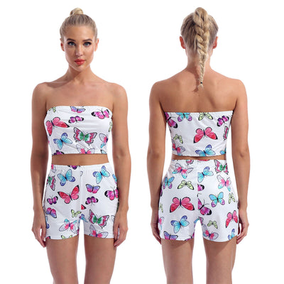 Women Summer Butterfly Print Outfit Sweet Suit Active Wear Two Piece Set Tracksuit Strapless Tube Crop Top High Waist Shorts Set