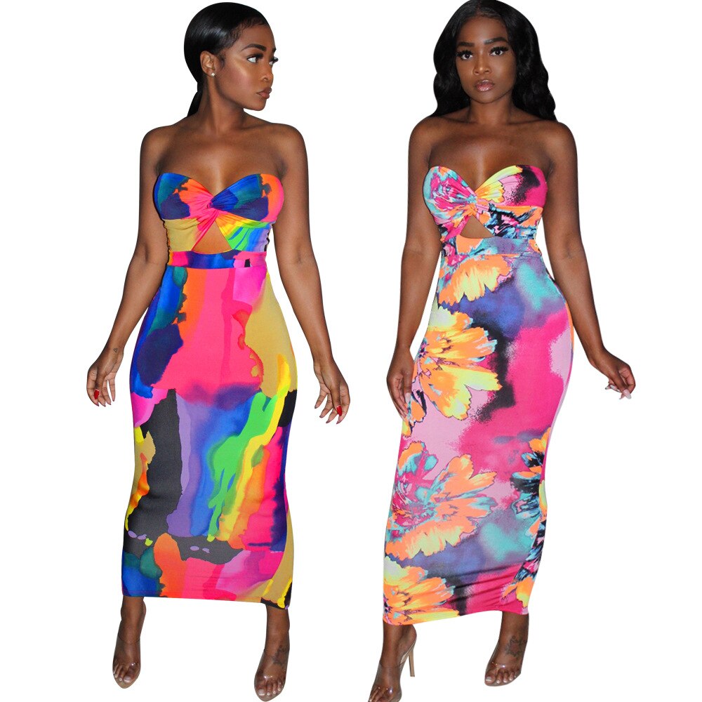 Sexy Europe and America Wrapped Chest Fashion Print Long Skirt Evening Dress