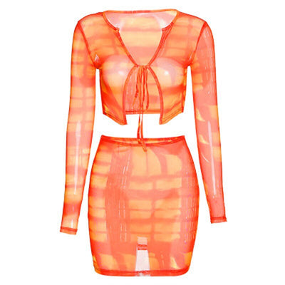 Sexy Mesh See Though 2 Piece Outfits Full Sleeve Low-Neck Bandage Sling Crop Top Mini Dress Matching Set Fashion Clubwear