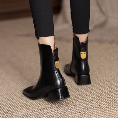 Fashion Women Boots Square Toe Zipper Mid Square Heel Short Ladies Boots Office Lady Gentle Solid Color Patent Female Shoes