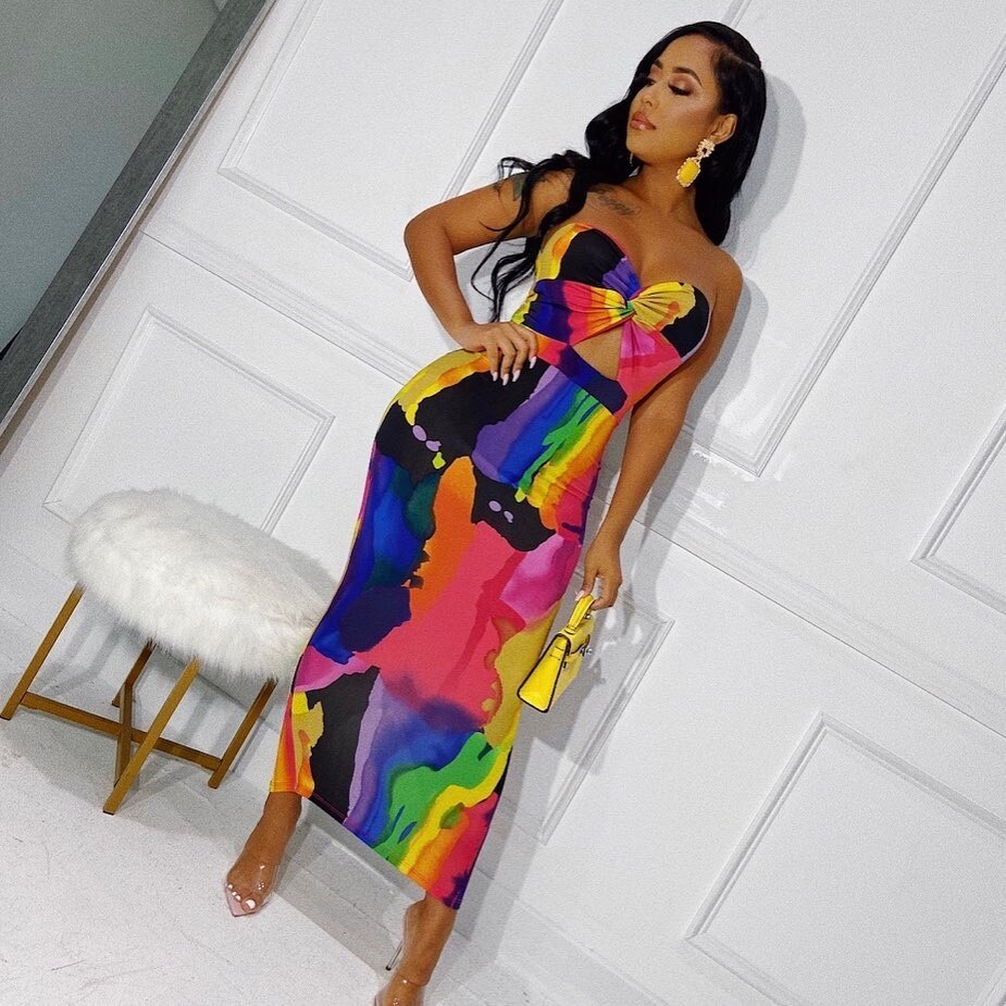 Sexy Europe and America Wrapped Chest Fashion Print Long Skirt Evening Dress