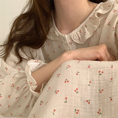 Ruffles Sleep Dress Women Long Sleeve Kawaii Cherry Print Korean Sleepwear Homewear Long Dress Autumn Elegant Casual Loose A001