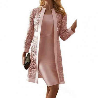Elegant Women Dress Set Outfits Solid Color Lace Long Sleeve Cardigan Coat Dress Set Fashion Office Lady Dress Sets Party