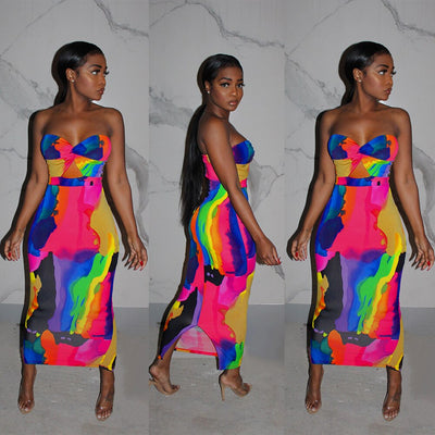 Sexy Europe and America Wrapped Chest Fashion Print Long Skirt Evening Dress