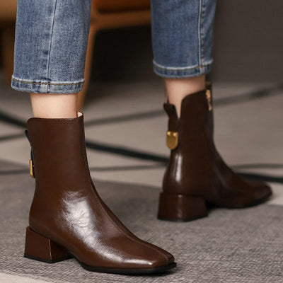 Fashion Women Boots Square Toe Zipper Mid Square Heel Short Ladies Boots Office Lady Gentle Solid Color Patent Female Shoes